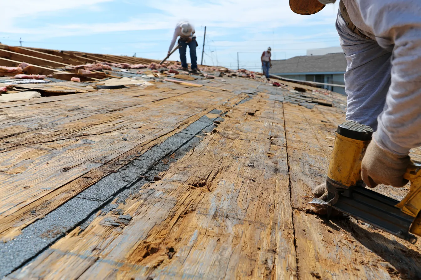 Across a stripped wood roof deck roofers are at work