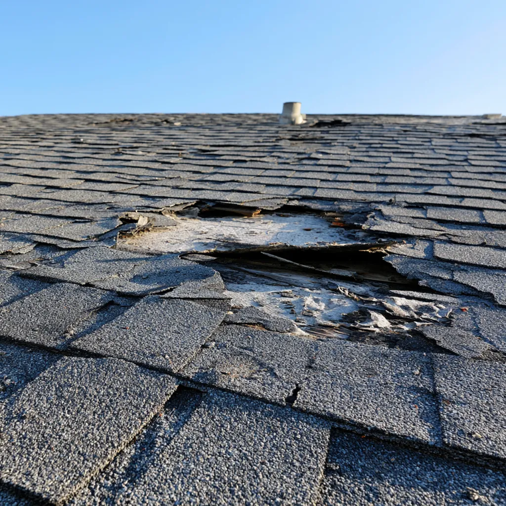 Roof slope with a punctured patch and broken shingles